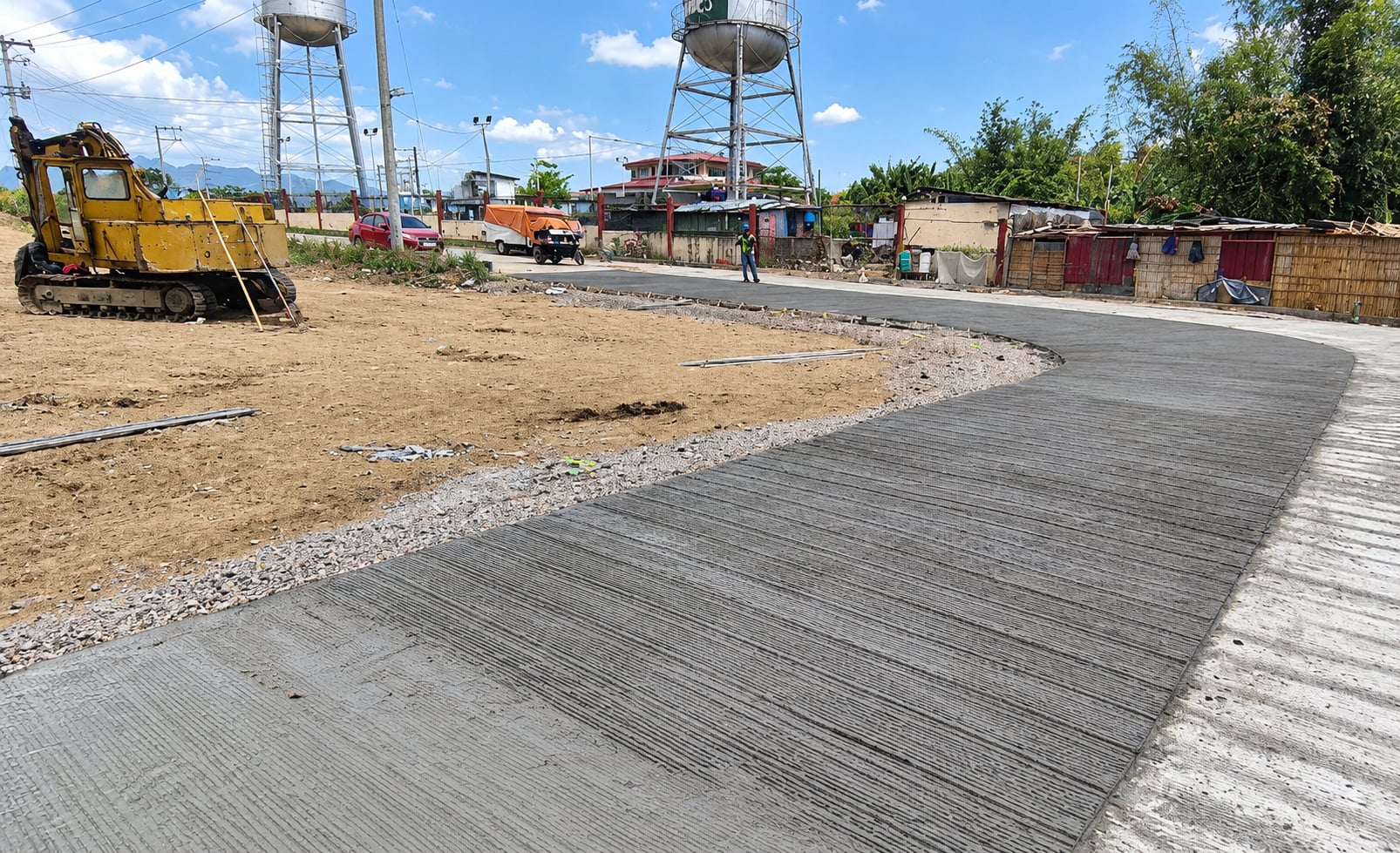 Freshly placed concrete road pavement